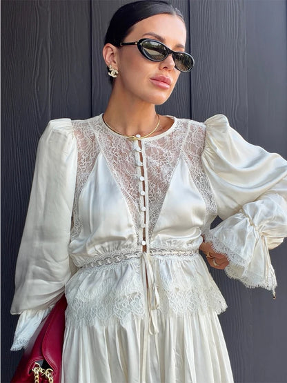 Deep V-Neck Lace Trim Cutout Waist Maxi Dress Elbow-Sleeve Lace Trim Chiffon 2026 Summer Elegant Women Vacation Boho Outfit