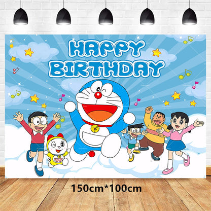 Doraemoned Balloons Cartoon Blue Jingle Cat Party Decoration Supplies Happy Birthday Banner Disposable Tableware Kid Cake Topper