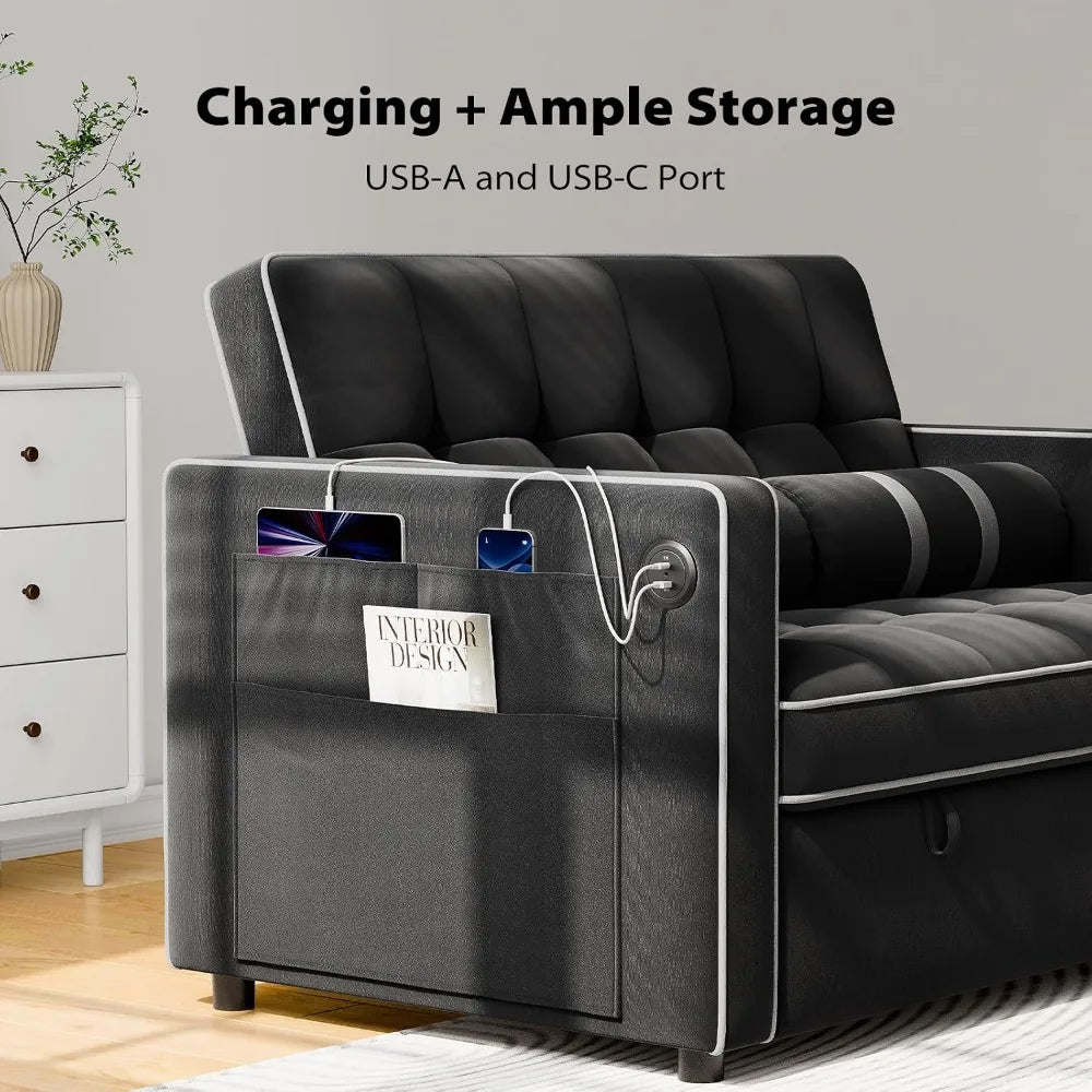 3-in-1 Sleeper Sofa Bed w/ USB & Type-C, Side Pockets, Velvet, Adjustable Backrest, Deep Seat, for Apt/Living Room/Office