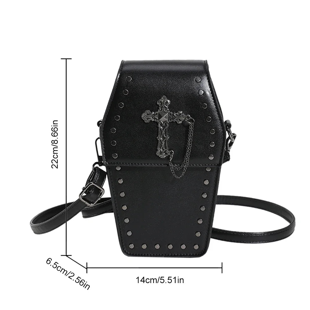 Y2K Crossbody Bag for Women Coffin Shoulder Bag Phone Purse Cool Gothic Cellphone Bag PU Leather New Novelty Halloween Phone Bag