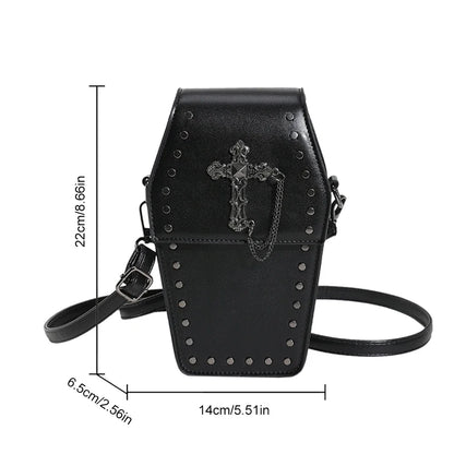 Y2K Crossbody Bag for Women Coffin Shoulder Bag Phone Purse Cool Gothic Cellphone Bag PU Leather New Novelty Halloween Phone Bag