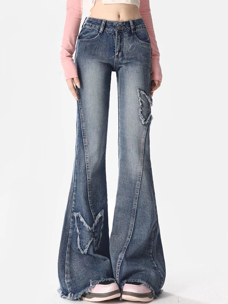Y2K Streetwear Bootcut Jeans Women Vintage Butterfly Tassel Casual Denim Pants Female Harajuku Spring Summer High Waist Trouser