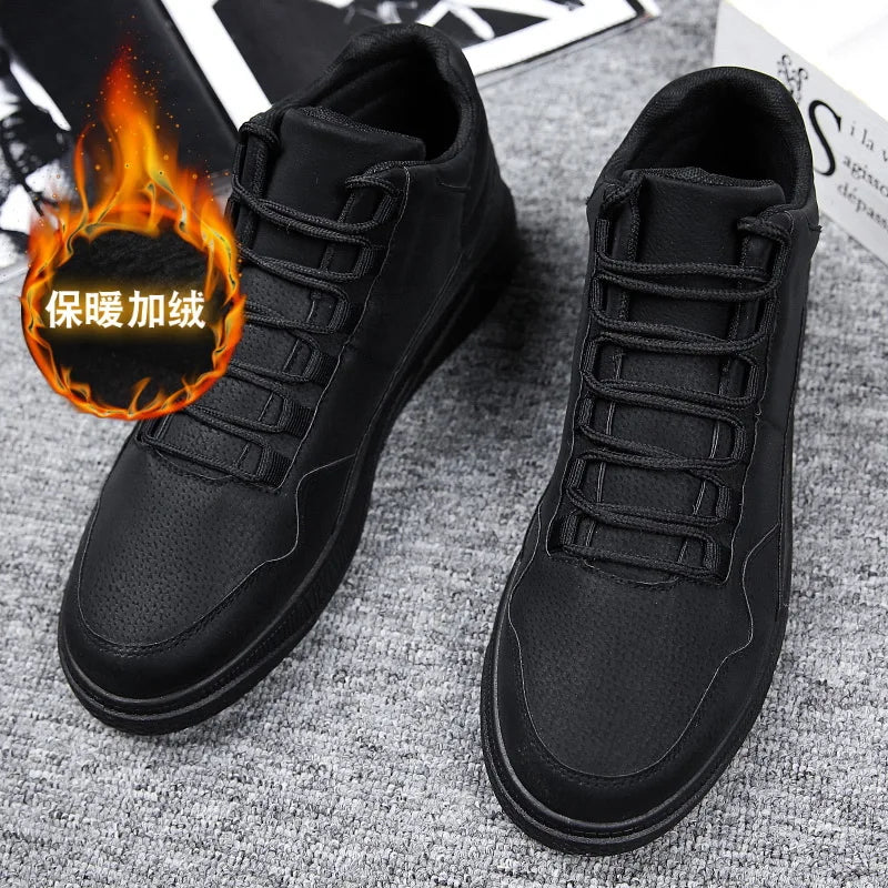 Keep Warm Men's Red High-Top Leather Skate Shoes Flat Lace-Up Sneakers Versatile Casual Streetwear Non-Slip Grip Sole Footwear