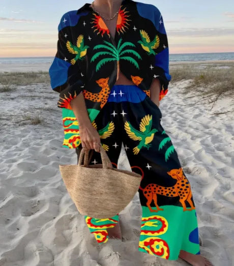 Fashion Print Beach Holiday 2-Piece Set Women Spring Summer Long Sleeve Shirt Top + Wide Legs Women's Oversized Two-Piece Outfit