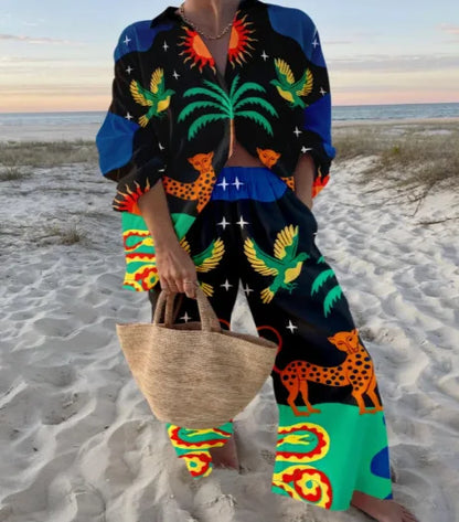 Fashion Print Beach Holiday 2-Piece Set Women Spring Summer Long Sleeve Shirt Top + Wide Legs Women's Oversized Two-Piece Outfit