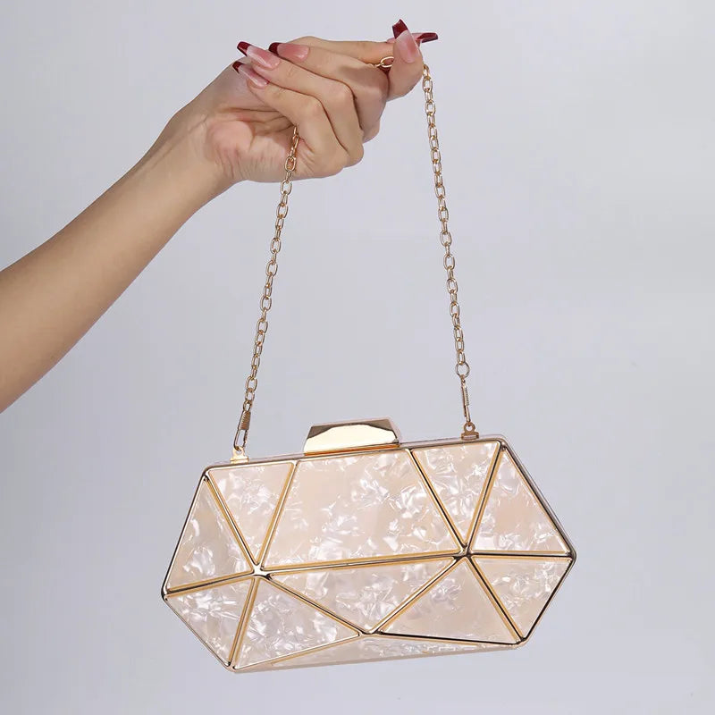 2024 New Women Acrylic Metal Rhombus Evening Bag Chain Shoulder Crossbody Bag Luxury Designer Handbag Party Clutch Dinner Bags