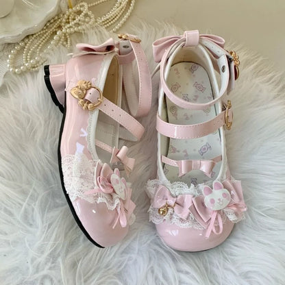 Cute Lolita Mary Jane Heels with Bunny Bows Lace and Bells for Cosplay and Tea Parties