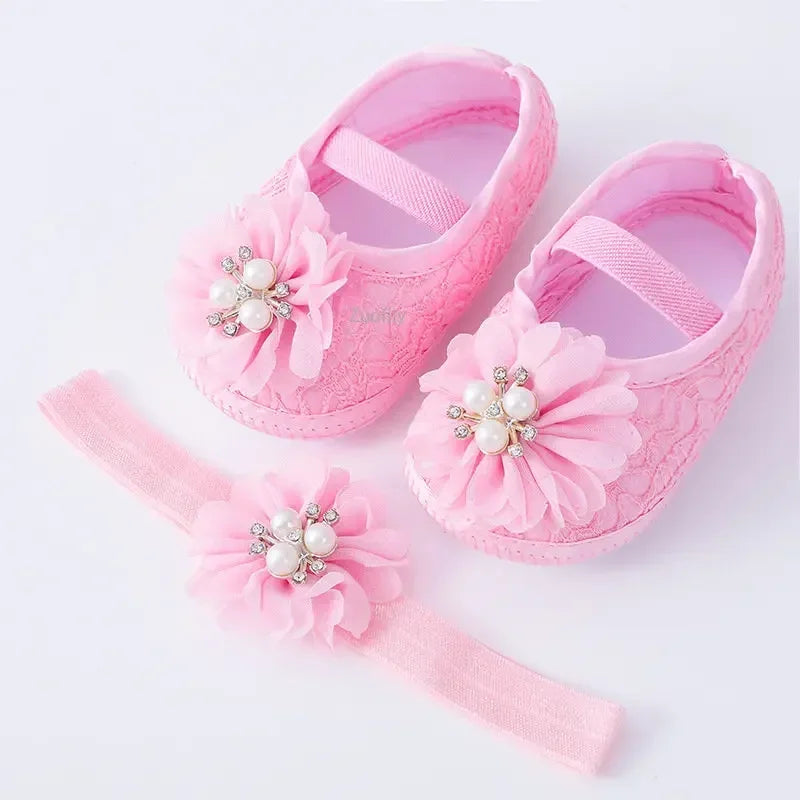 Spring Infant Baby Girl Shoes Newborn Lace Flowers Headband Anti-Slip Soft Sole First Walkers Toddler Kids Cotton Baptism Shoes