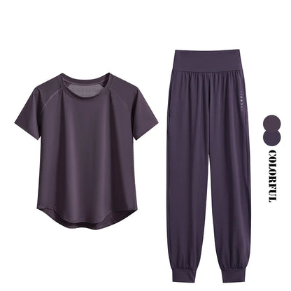 DRUR S-4XL Yoga Set Women Sport Shirts Gym Pants Set 2 Piece Short Fitness Tops Sweatpants Suit Female Summer Sportswear Outfit