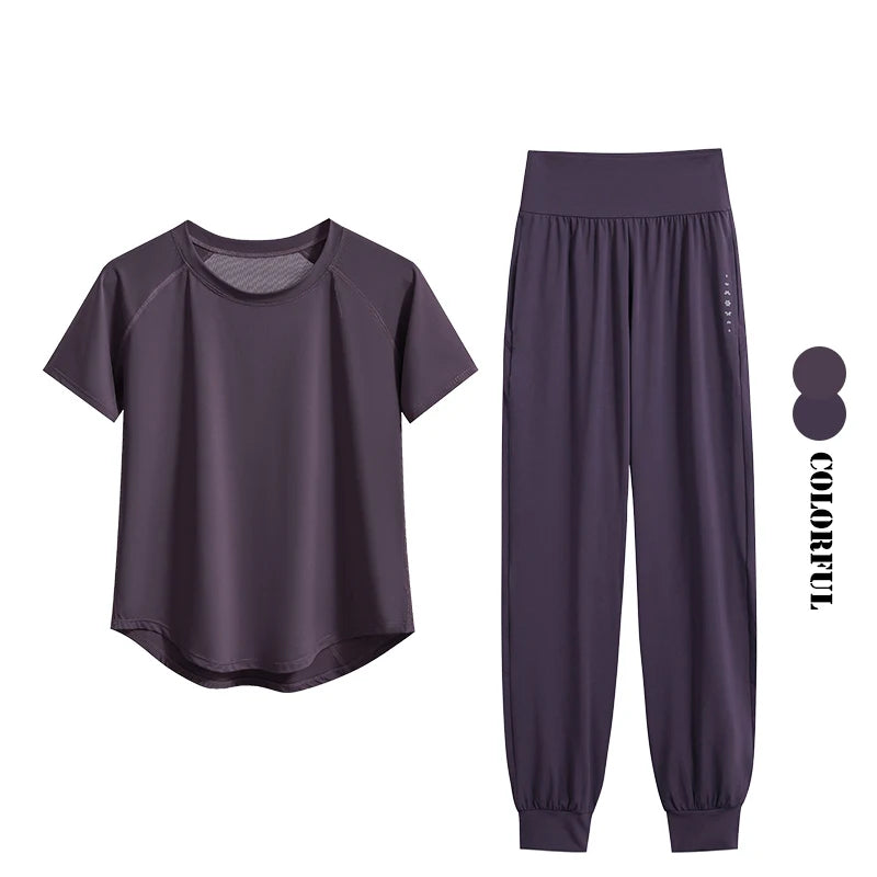DRUR S-4XL Yoga Set Women Sport Shirts Gym Pants Set 2 Piece Short Fitness Tops Sweatpants Suit Female Summer Sportswear Outfit