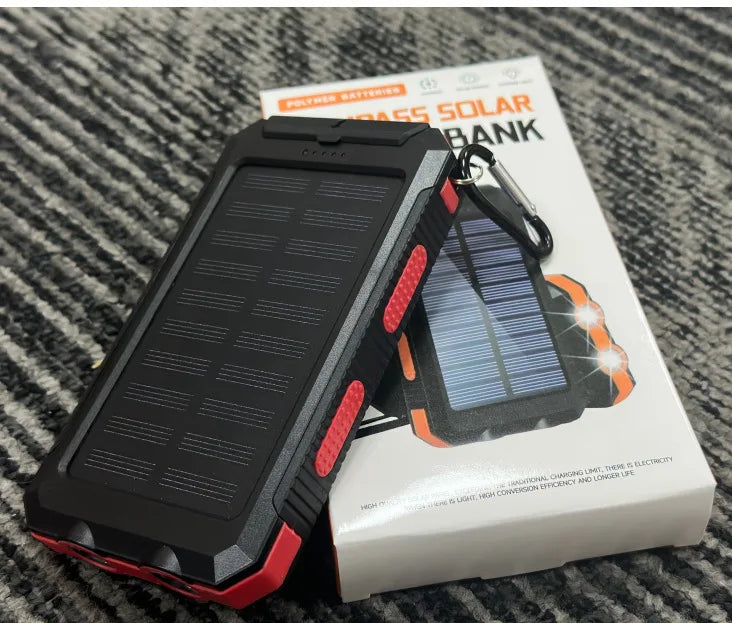 Rugged Solar Power Bank – Waterproof Outdoor Portable Charger with Dual LED Flashlights & Compass, High-Capacity External Battery Pack for Camping, Hiking, and Emergencies