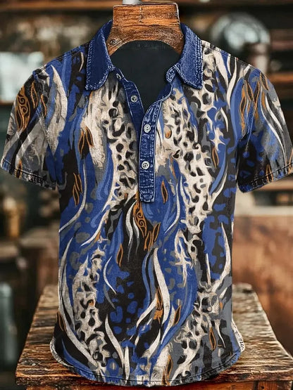 New American Retro Military Style Short Sleeved Polo Shirt with Red, Green, Black Camouflage Printed Casual Shirt
