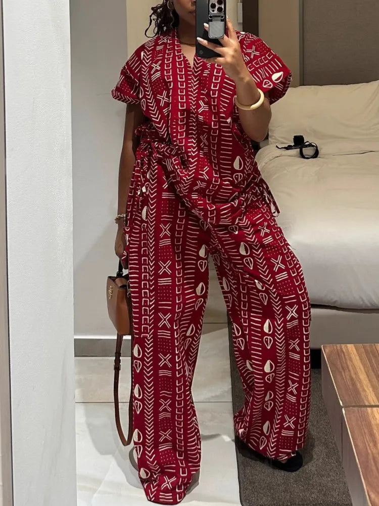 New Fashion Printed Two-piece Set Women's Loose Casual Short-sleeved Drawstring Waist Slimming V-neck Shirt Wide-leg Pants Sets
