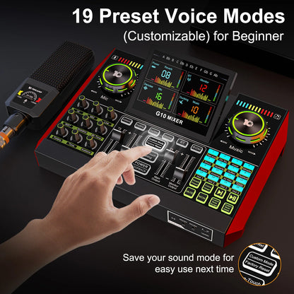 Tenlamp G10 Podcast Equipment Bundle 6 Channel with 3.5mm Microphone and Live Sound Card,RGB Streaming with XLR Gaming Audio Interface Professional Mixer for Podcasting, Influencers, Kols, Singing, Gaming, And Djing