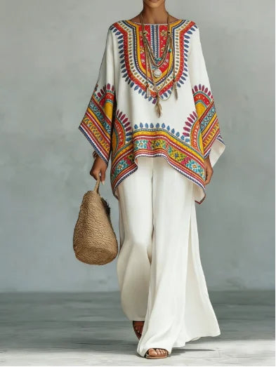 Boho Two Piece Set Summer Women's Loose Patchwork Wide Leg Pants Set Fashion O Neck Pullover Top 2-piece Set Outfit Streetwear
