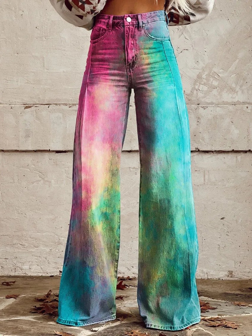 Women's 3D Printed Flare Jeans-Polyester Wide Leg Pants with Distressed Vintage Look, High Waist Comfort Fit for Street Fashion