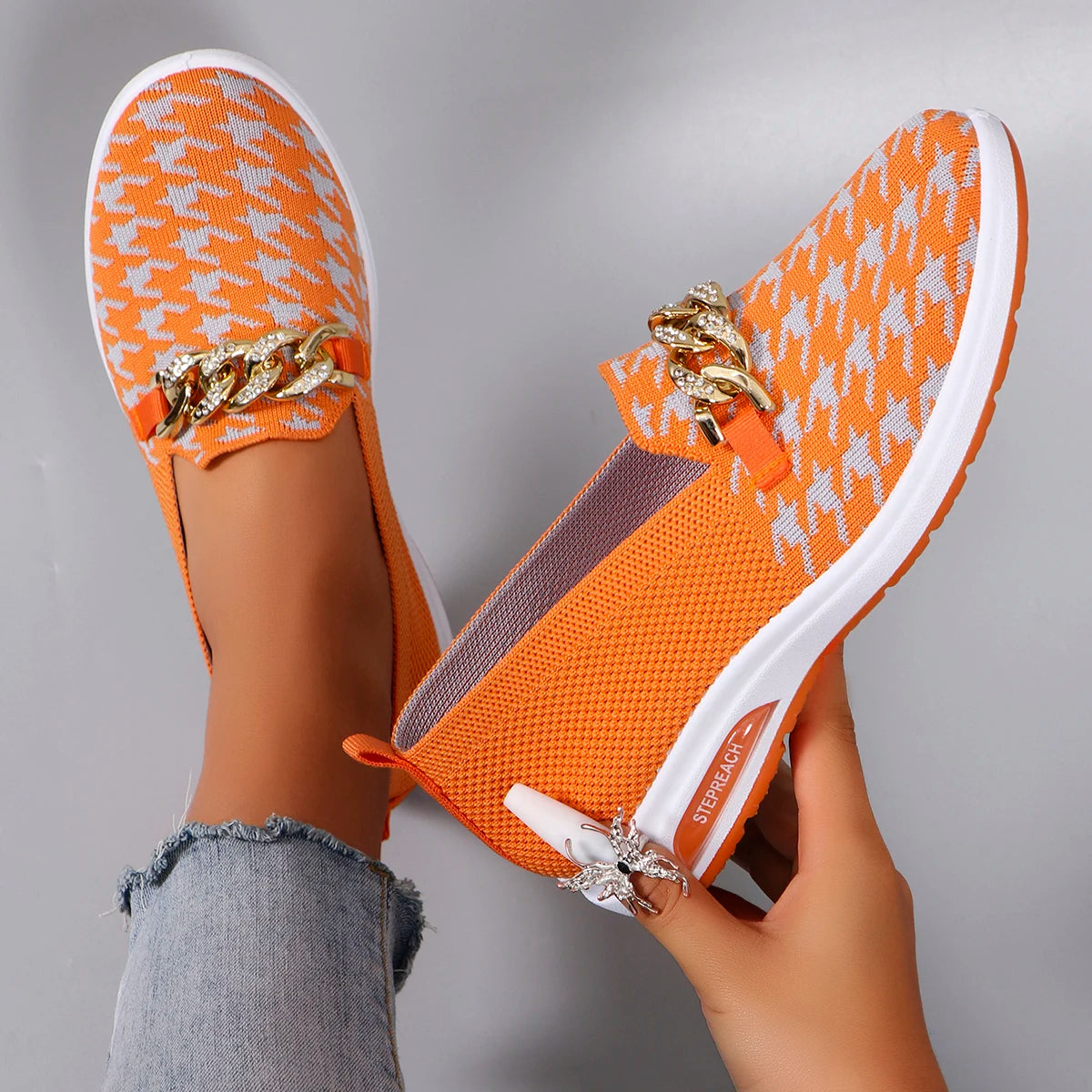 Orange Checkered Slip-On Flats | Low Flat Shoes | Women's Casual Everyday Wear