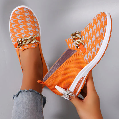 Orange Checkered Slip-On Flats | Low Flat Shoes | Women's Casual Everyday Wear