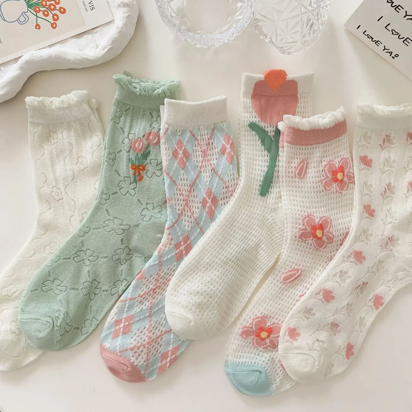 Transparent Crystal Silk Socks Women Fashion Ultra-thin Summer Harajuku Crew Socks Flower Streetwear Elastic Long Mesh Socks