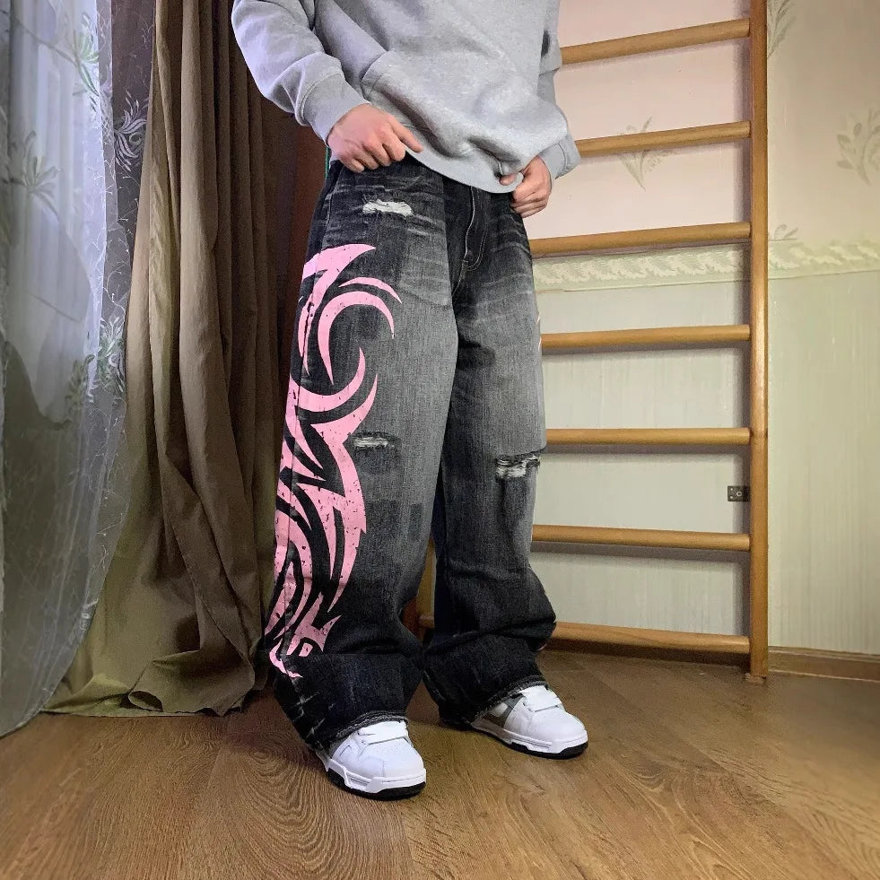 Y2K American Vintage Mottled Totem Print Baggy Jeans Women's High Waist Wide Leg Jeans Women's  Trendy Hip-hop Jeans