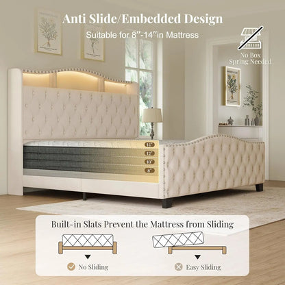 King Size Platform Bed Frame with 50.9" LED Headboard, Beige, Custom