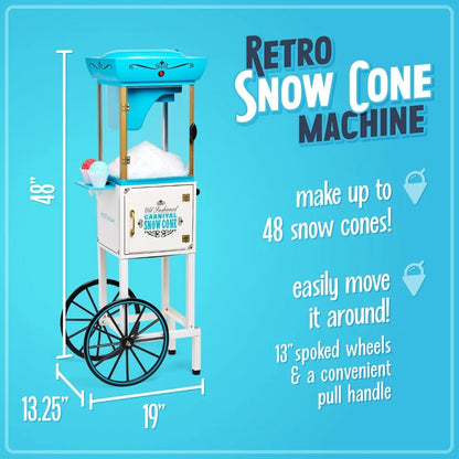 US Shipping Snow Cone Machine Shaved Ice Maker Retro Cart with Wheels Makes 48 Icy Treats Includes Metal Scoop and Storage