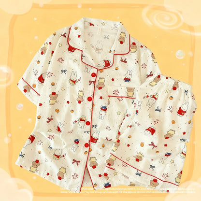 Cute Miffy Women Summer Pajamas Set Short Sleeve Shorts Comfortable Loose Soft Breathable Casual Homewear Loungewear Sleepwear