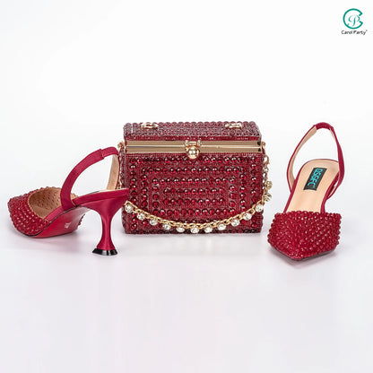 New Wine Red High Heels Shoes And Bag Dotted Crystal Wedding Party Spring, Summer, and Autumn Fashion Women's Noble Sandals