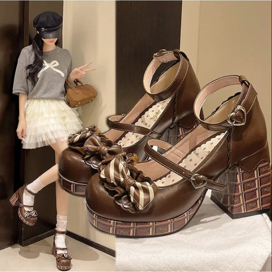 2025 Sweet Girls Lolita High Heels Platform Pumps Bowknots Ankle Strap  Janes Shoes for Women Spring Autumn Heels