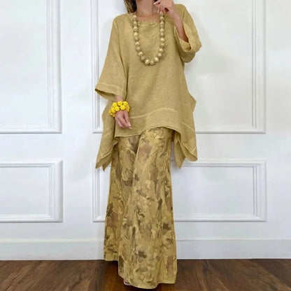 Women Spring Summer O Neck Pullover Irregular Top Wide Leg Pants Two Pieces Set Holiday Print Patchwork Loose Outfit Streetwear
