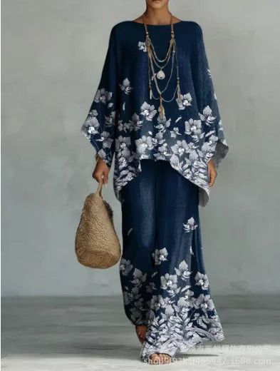 Boho Two Piece Set Summer Women's Loose Patchwork Wide Leg Pants Set Fashion O Neck Pullover Top 2-piece Set Outfit Streetwear