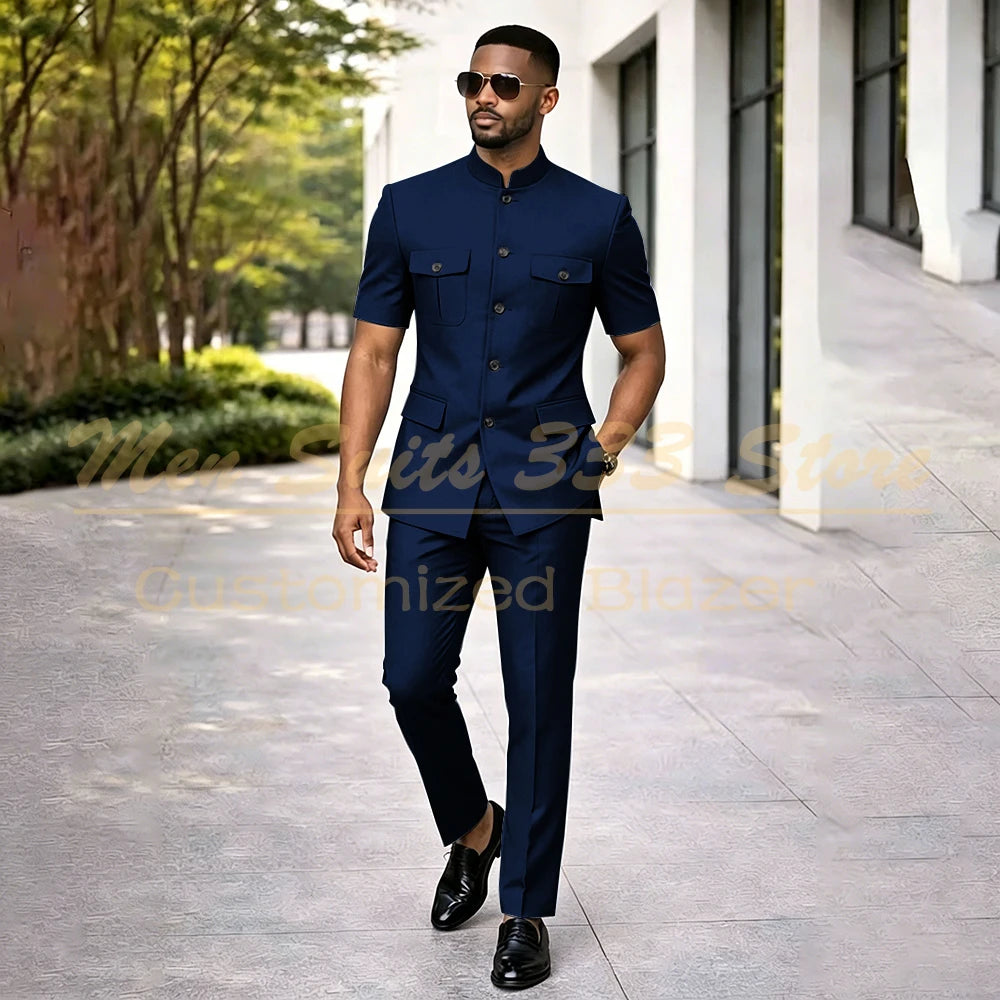 Summer Safari Men's Suits Fashion Regular Fit Short Sleeve Blazer Elegant Luxury Single Breasted 2 Piece Jacket Pants Outfits