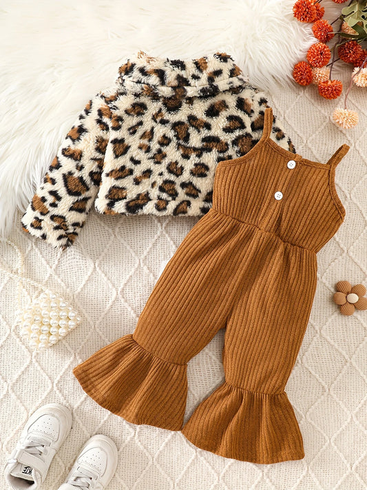 Toddler Baby Girl Leopard Faux Fur Jacket & Corduroy Flared Pants Set