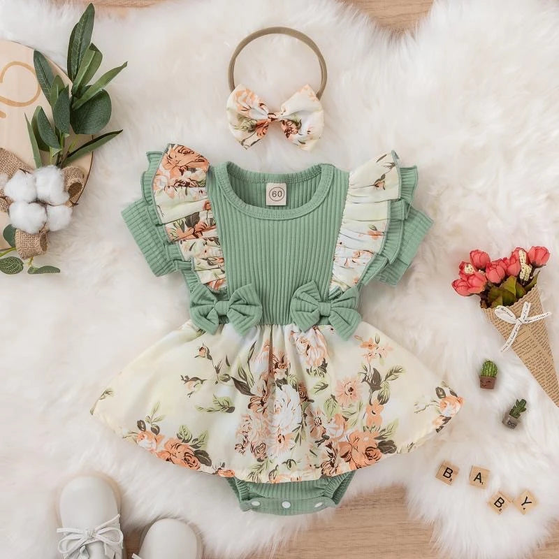 Baby Girls' Floral Romper Dress | Ruffle Shoulders & Bow Details | Everyday Wear, Portraits & Celebrations