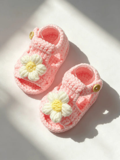 1 Pair Crochet Baby Girl Sandal Booties, Pink, Daisy Flower Accent with Button Strap, Infant Shoes