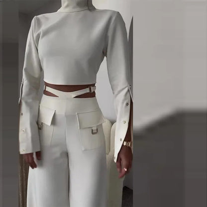 Women Pant Set Work Two Piece Sets Turtleneck Full Sleeve Tops Sexy Wide Leg Long Pants Loose Casual Elegant Matching Sets