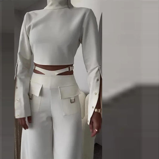 Women Pant Set Work Two Piece Sets Turtleneck Full Sleeve Tops Sexy Wide Leg Long Pants Loose Casual Elegant Matching Sets