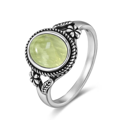 925 Sterling Silver Ring With Natural Prehnite Stone 8*10mm Oval Shape With Crystal Flower Design Gifts Fine Jewelry For Women