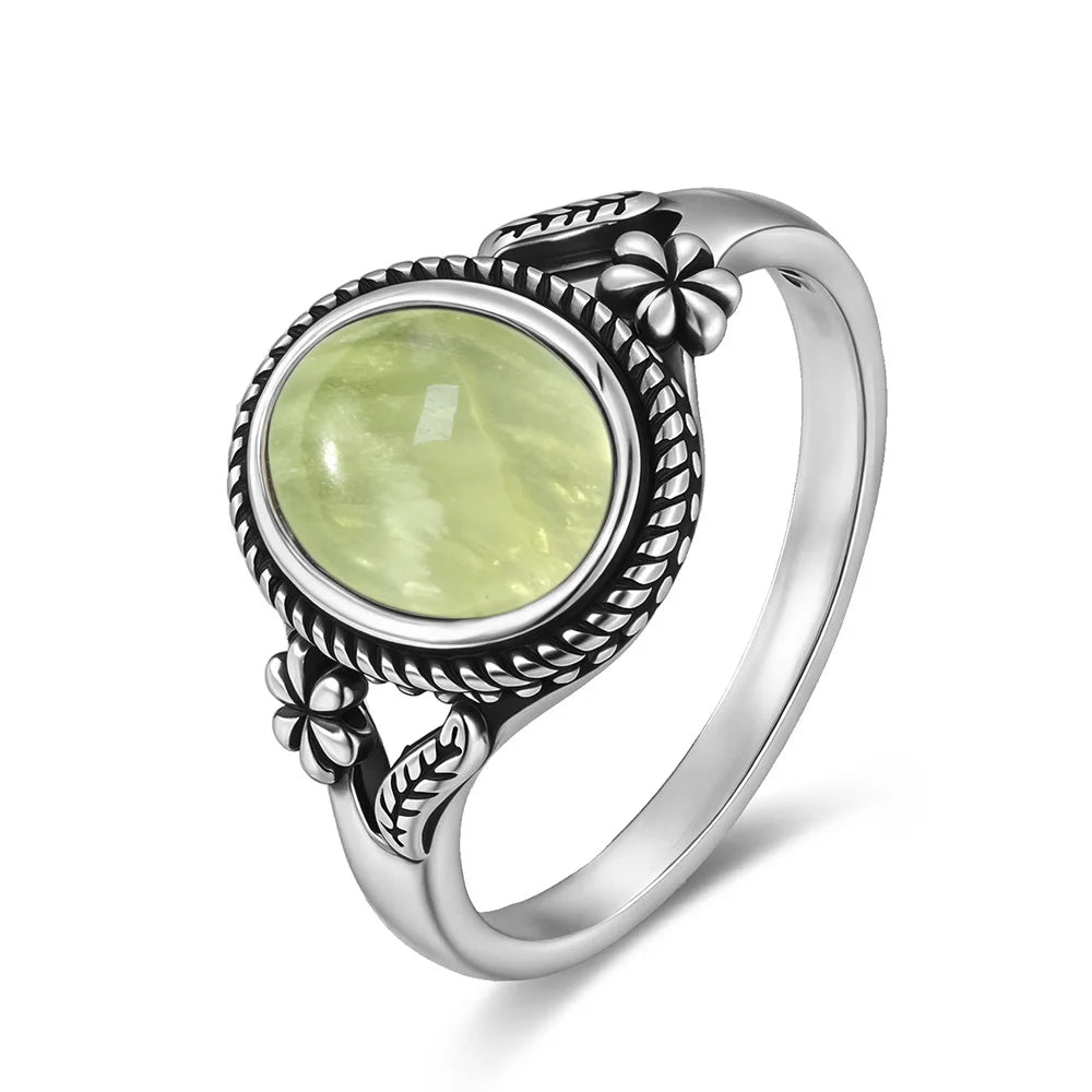 925 Sterling Silver Ring with Natural Prehnite Stone 8*10mm Oval Shape