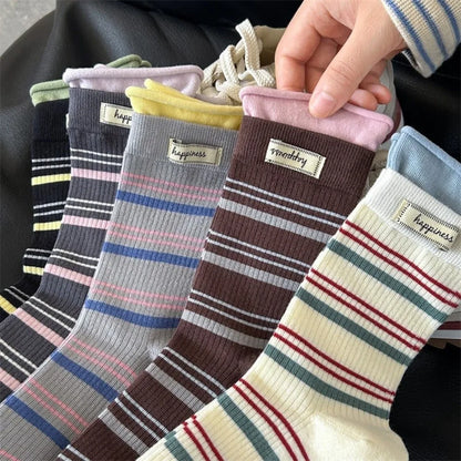 Fake Two-Piece Design Crew Socks Soft Knit Texture Mid-Calf Length Mid-Calf Socks Striped Pattern Striped Socks For Women