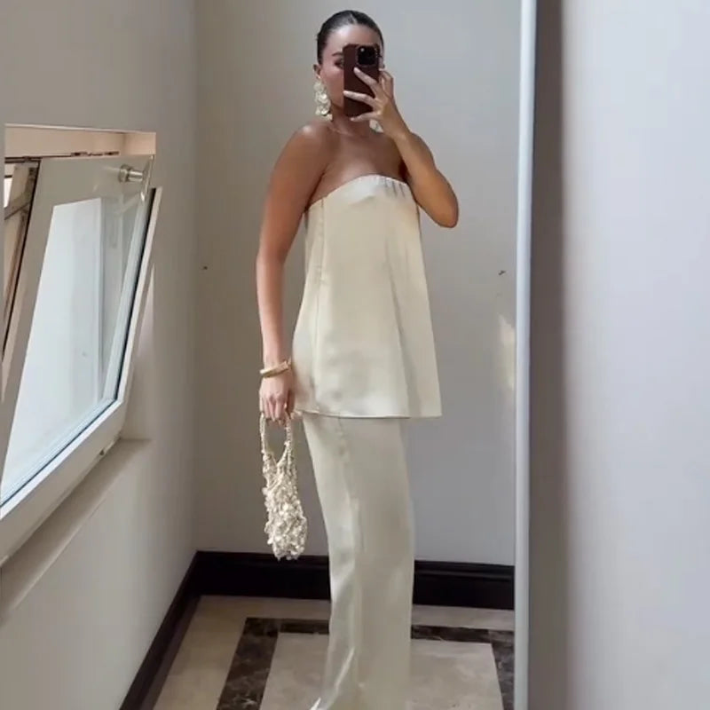 HXAO Satin Pant Sets Women's Two Pieces Set Strapless Off Shoulder Tube Vest 2 Piece Sets Woman Outfit High Waist Trousers Sets