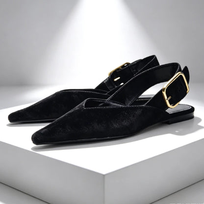 Fashion Metal Buckle Design Flat Sandals Women 2026 New Brown Suede Pointed Toe Slingback Designer Shoes Comfortable Women Shoes