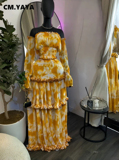 CM.YAYA Women Set Tie Dye Print Sleeveless Halter Crop Tops +Ruffles Long Skirt 2026 Summer Beach Vacation Two Piece Set Outfits