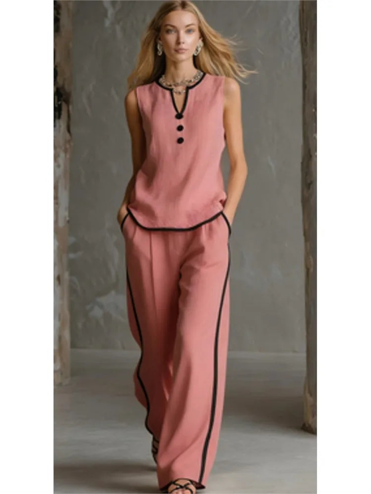 Casual Women Color Blocking Loose Sleeveless Button Vest Elastic Waist Wide-leg Pants Two Peice Set Summer V-Neck Ladies Outfit