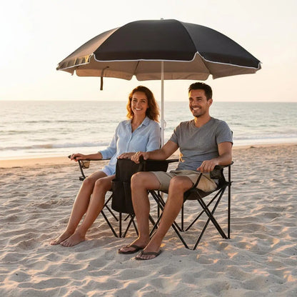 Portable Double Leisure Chair with Umbrella Folding Outdoor Loveseat for Camping Garden Patio Fishing