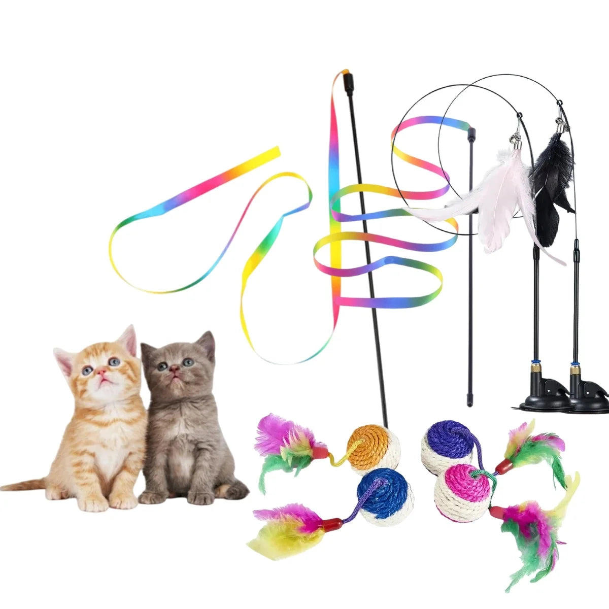 Interactive Cat Toy Handfree Cat Stick Kitten Rainbow Strips Stick Toy Suction Cup Feather Wand Pet Supplies Simulation Feather