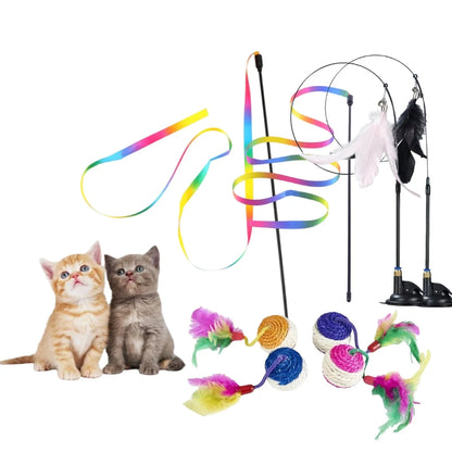 Interactive Cat Toy Handfree Cat Stick Kitten Rainbow Strips Stick Toy Suction Cup Feather Wand Pet Supplies Simulation Feather