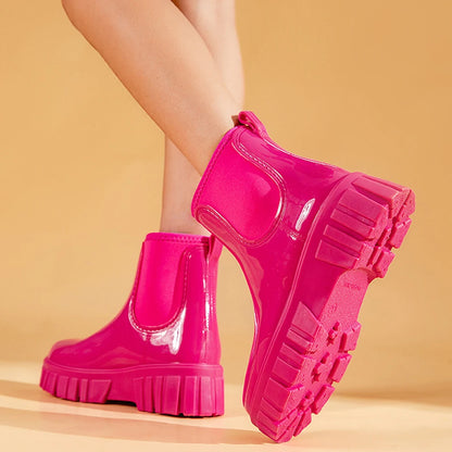 PVC Fashion Rain Boots Shoes For Women Solid Anti-slip Wear-resistant Thick Soled Shoes Low Cut High Top Round Toe Waterproof Water Shoes