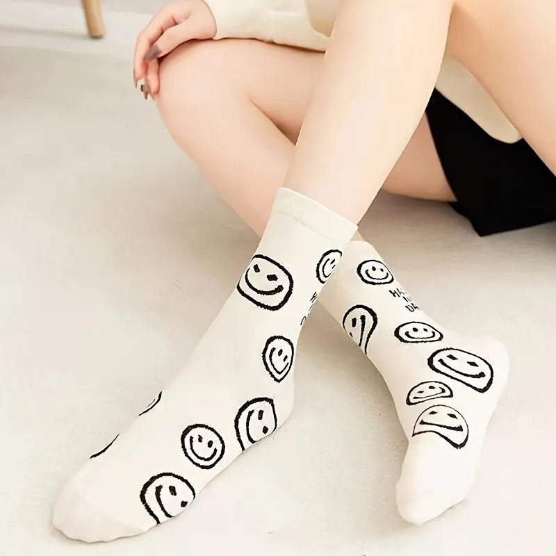 5/1 Pairs Happy Face Crew Socks , Cartoon Cat Breathable Cotton Mid Tube Socks, Women's Stockings & Hosiery