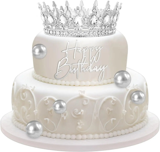8 Pcs Silver Queen Crown Birthday Cake Topper for Women Rhinestone Crystal Tiara Wedding Happy Birthday Cake Decoration Foam